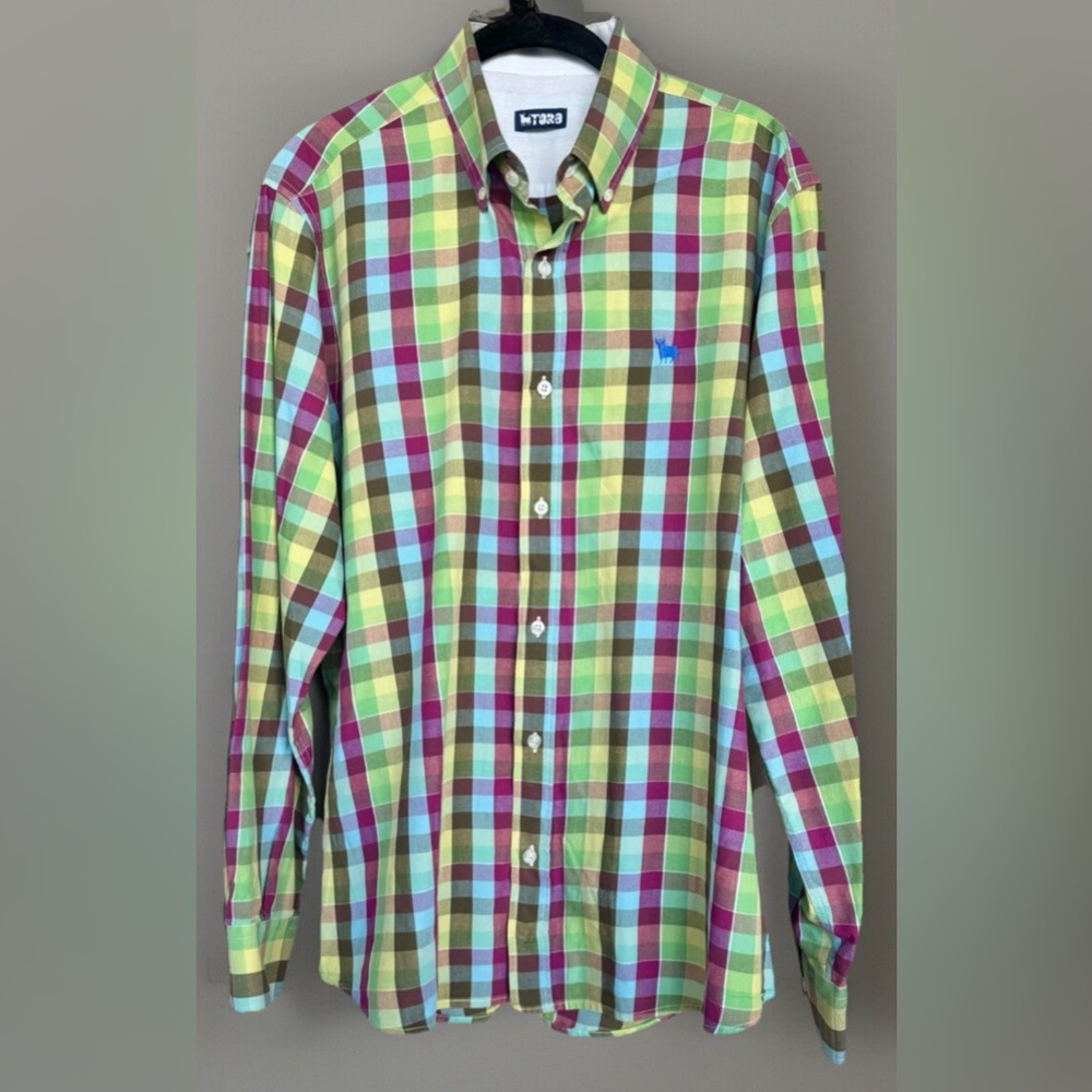 Toro Button Down Long Sleeve Cotton Shirt Green/Blue/Purple/Yellow Plaid Large